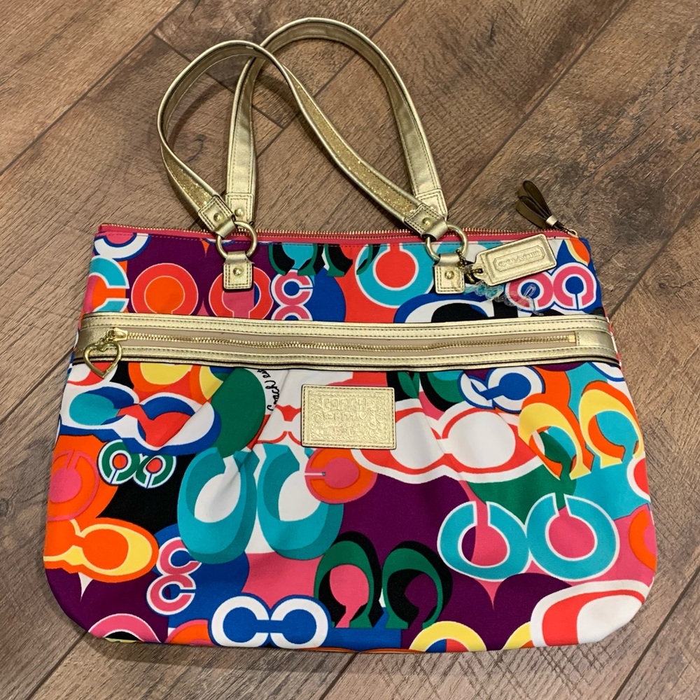 Coach Multicolor Circle-Print Tote with Gold Handles
